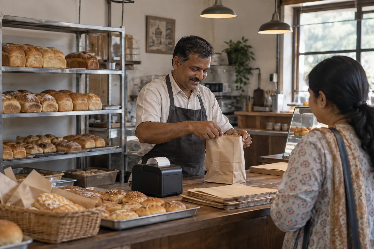 Bakery owner packing a customer order