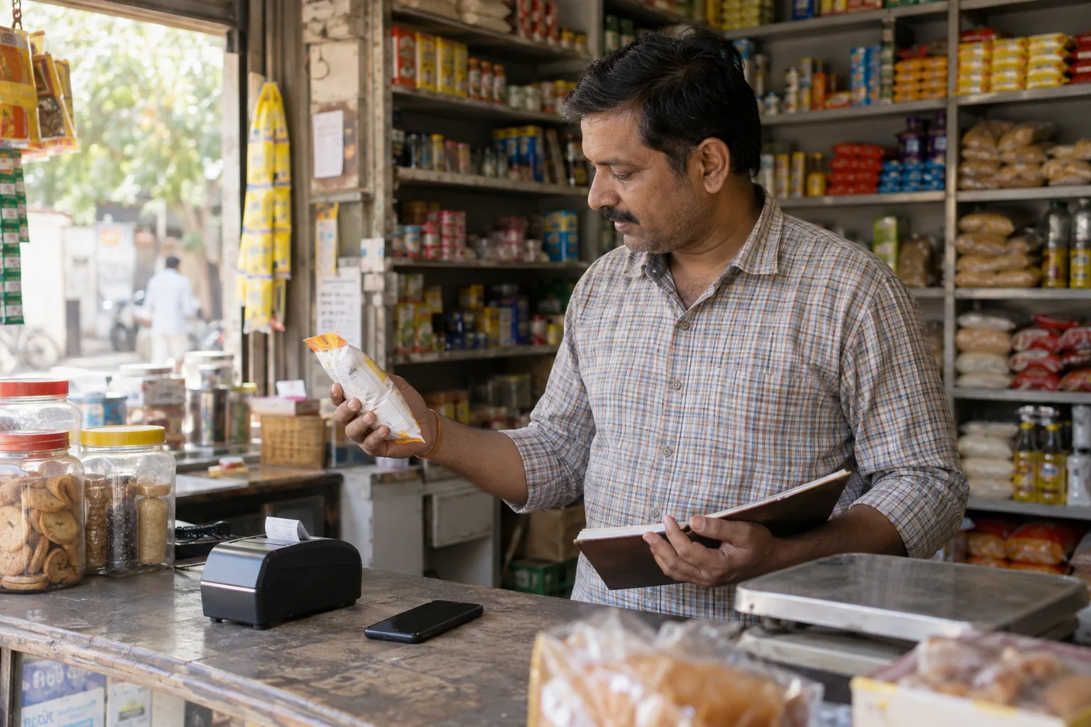 Shop owner checking stock at a neighbourhood store counter