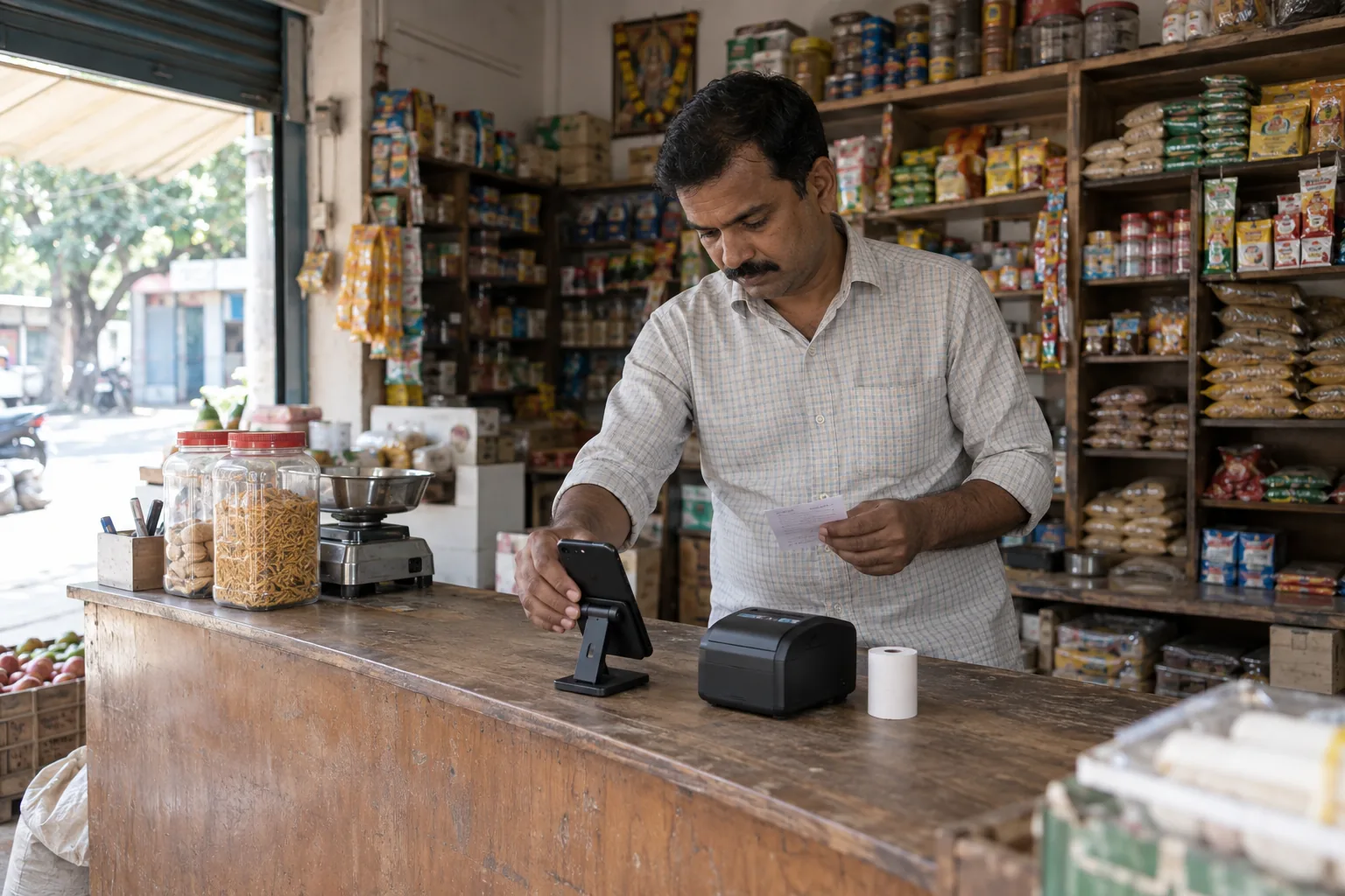 A kirana store owner preparing a phone and receipt printer before opening