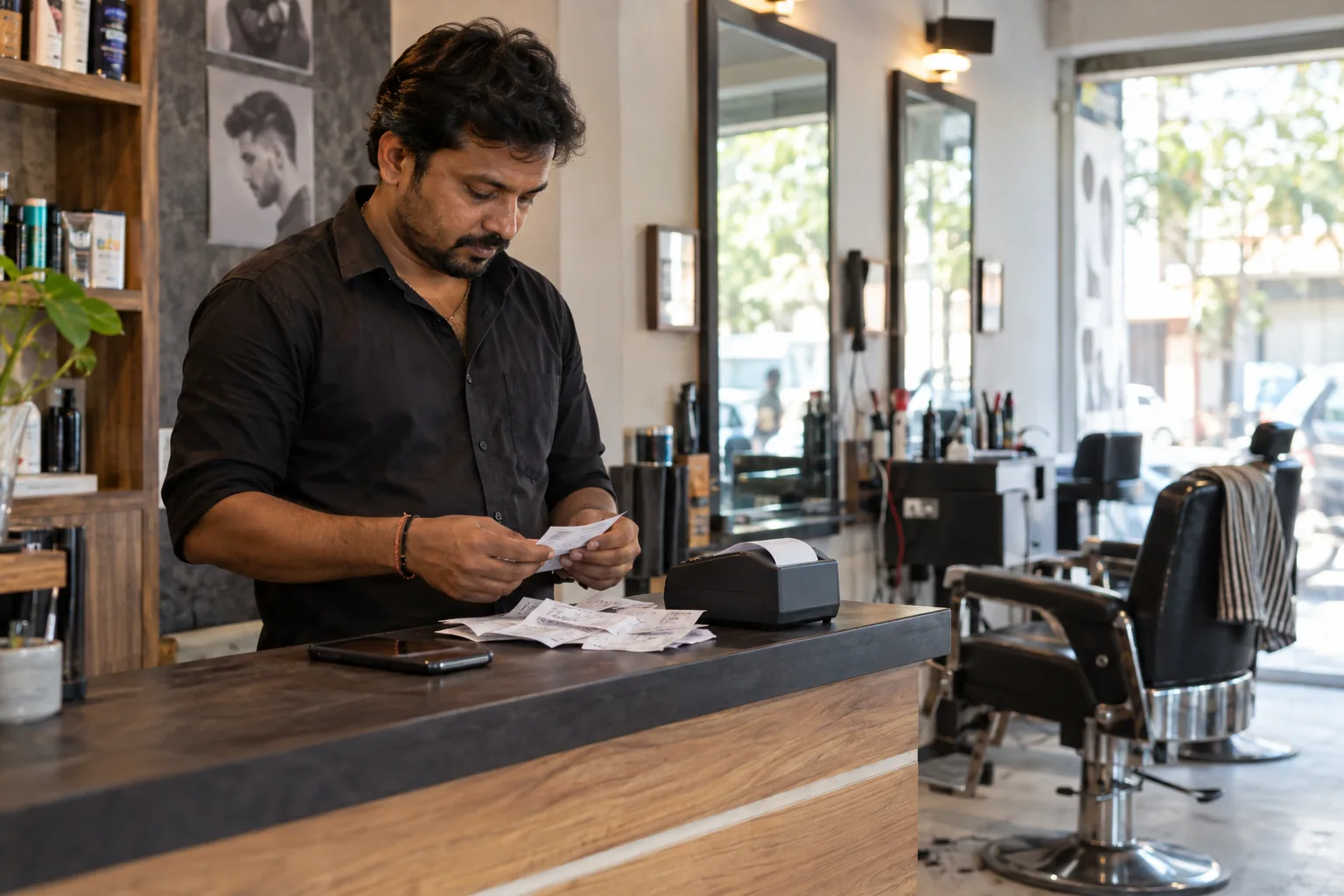 Salon owner reviewing receipts
